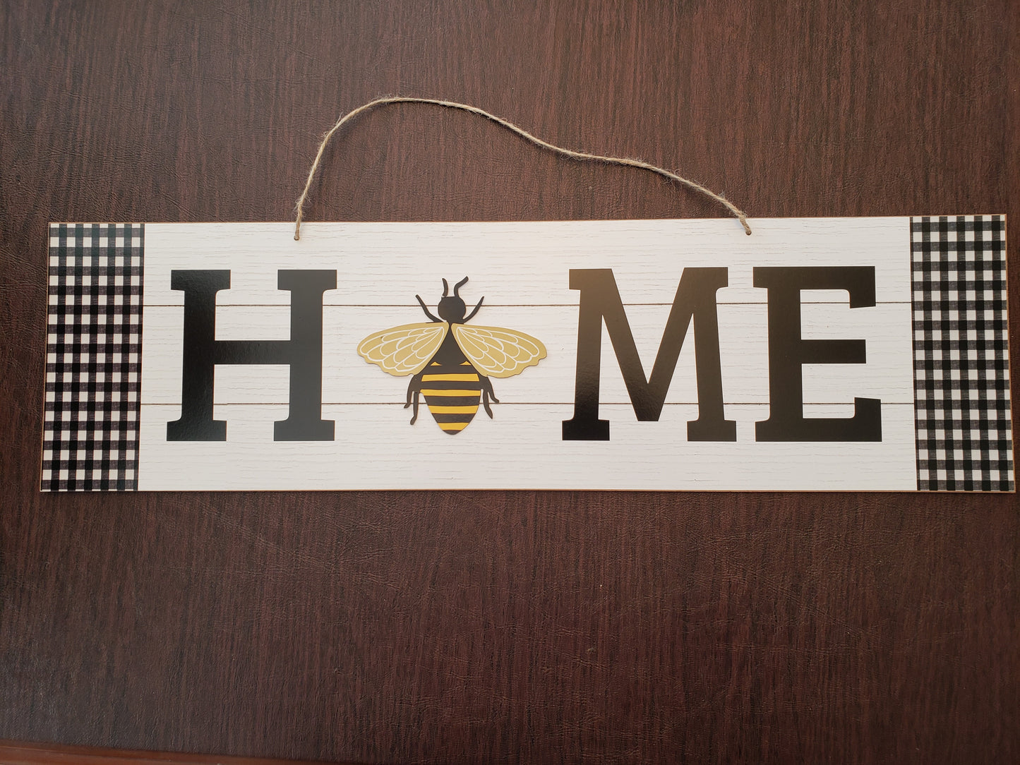 Hanging Door Sign Home with Buffalo Print and Bee