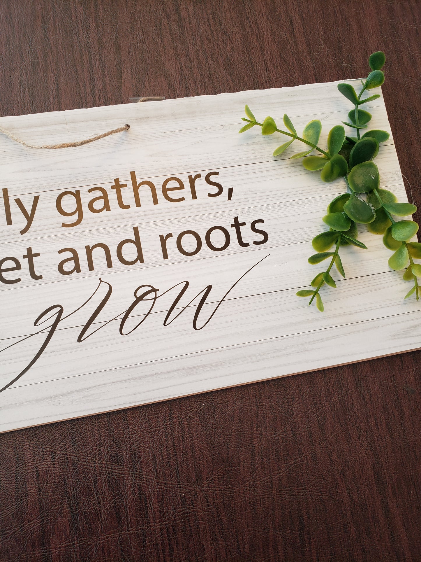 Hanging Door Sign Home where family gathers, friends meet and roots grow. 3d leaves