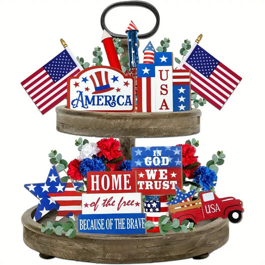 Patriotic Tiered Tray Decor USA Red, White & Blue 4th July