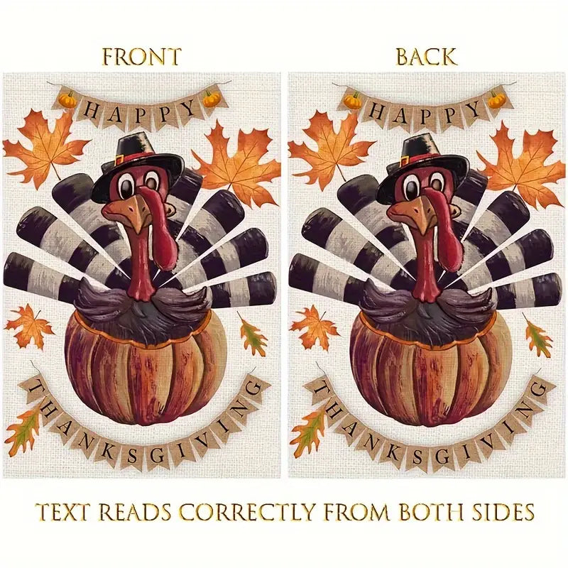 Happy Thanksgiving Lawn Garden Flag Turkey, Maple Leaves & Pumpkins 12 x 18