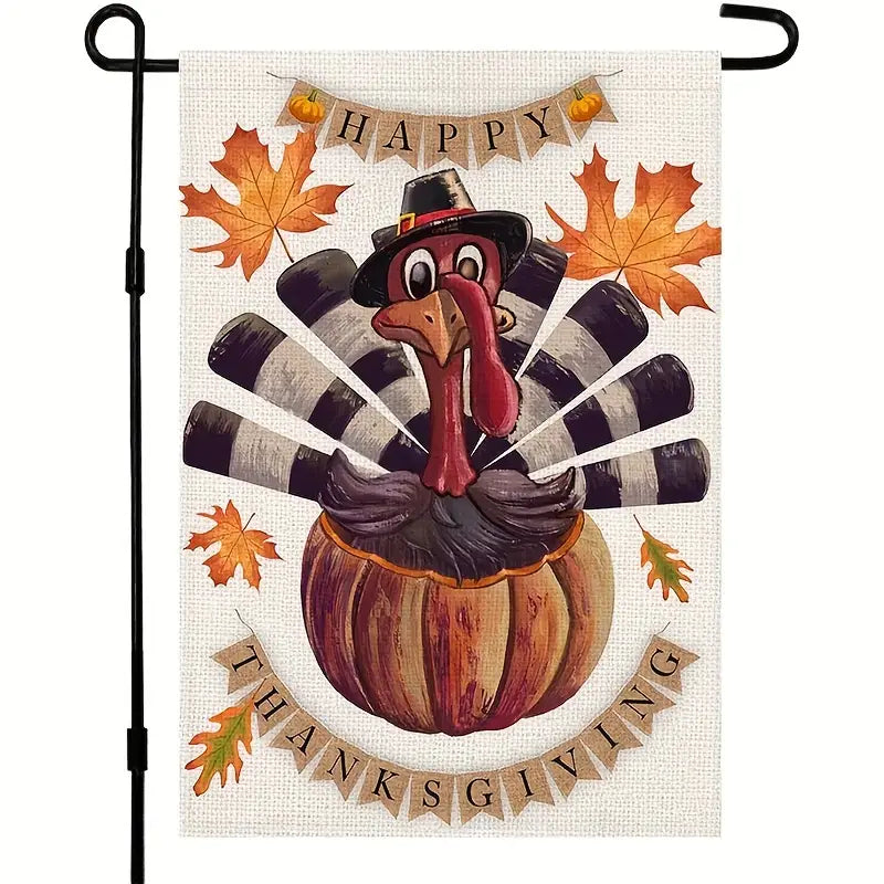 Happy Thanksgiving Lawn Garden Flag Turkey, Maple Leaves & Pumpkins 12 x 18