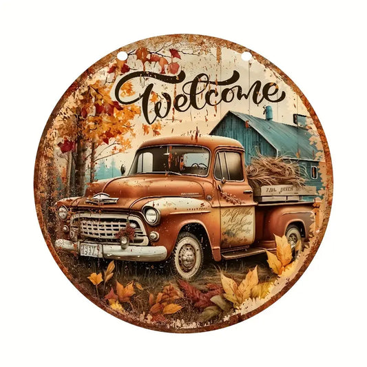 Farmhouse Fall Round Hanging Wood Sign Farm Truck & Barn