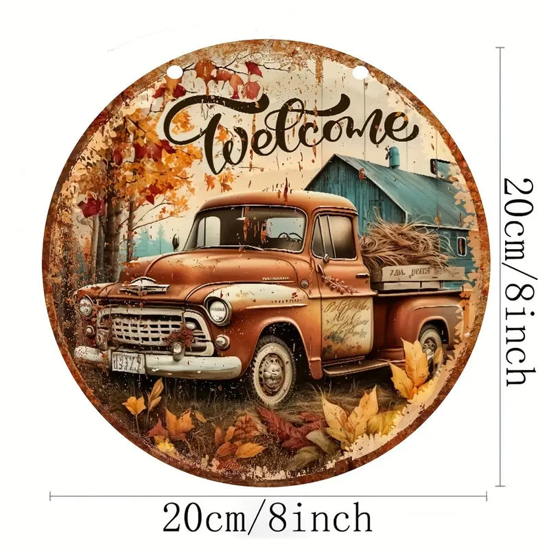 Farmhouse Fall Round Hanging Wood Sign Farm Truck & Barn