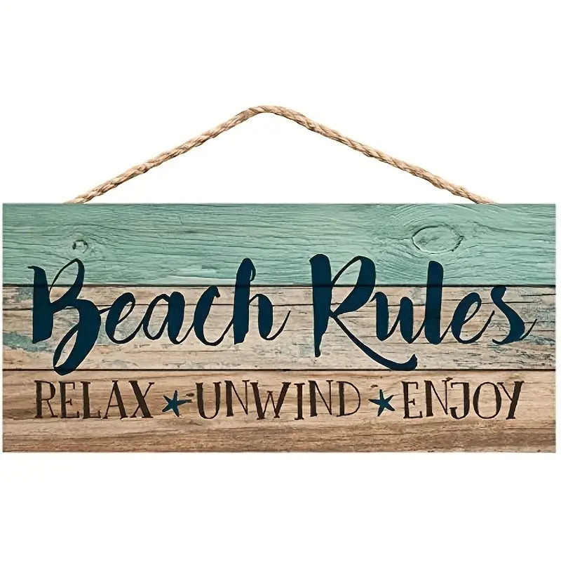 Coastal Beach Rules Hanging Wood Sign