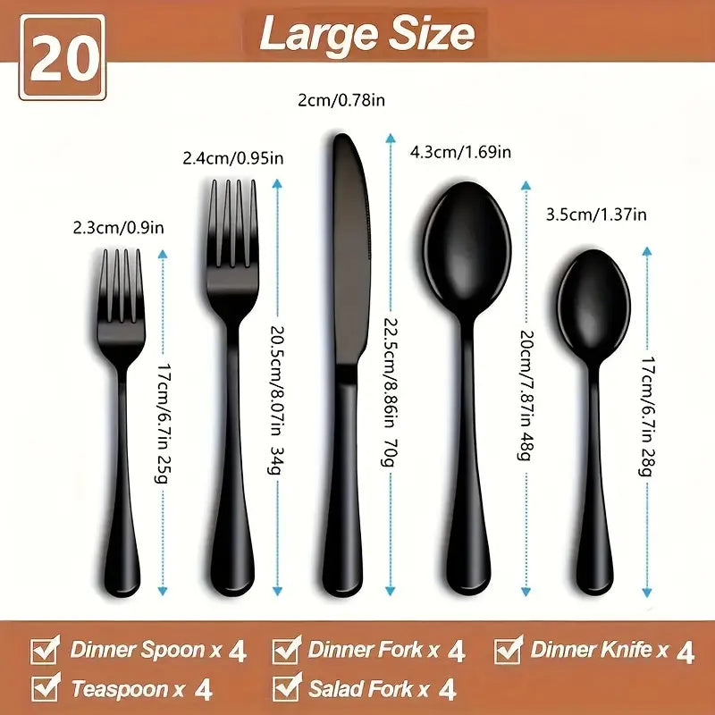 Black Stainless Steel Flatware Set 20 Pieces High Quality Mirror Finish