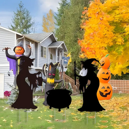 Large Witches With Cauldon Halloween Yard Decor with Stakes