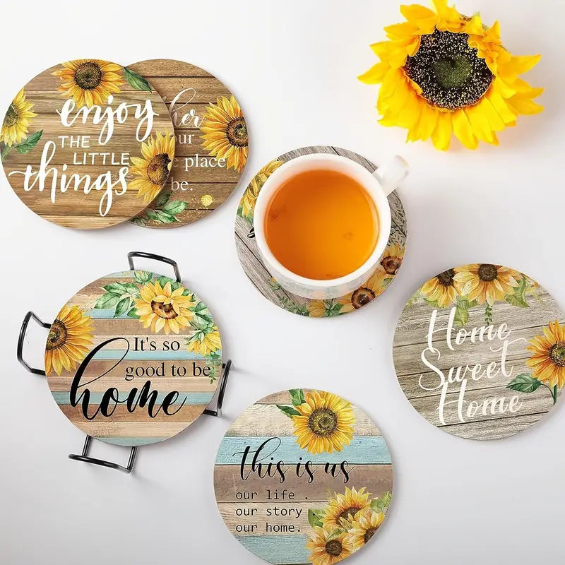 Farmhouse Set 6 Wood Coaster Heat Insulation Mat with Holder