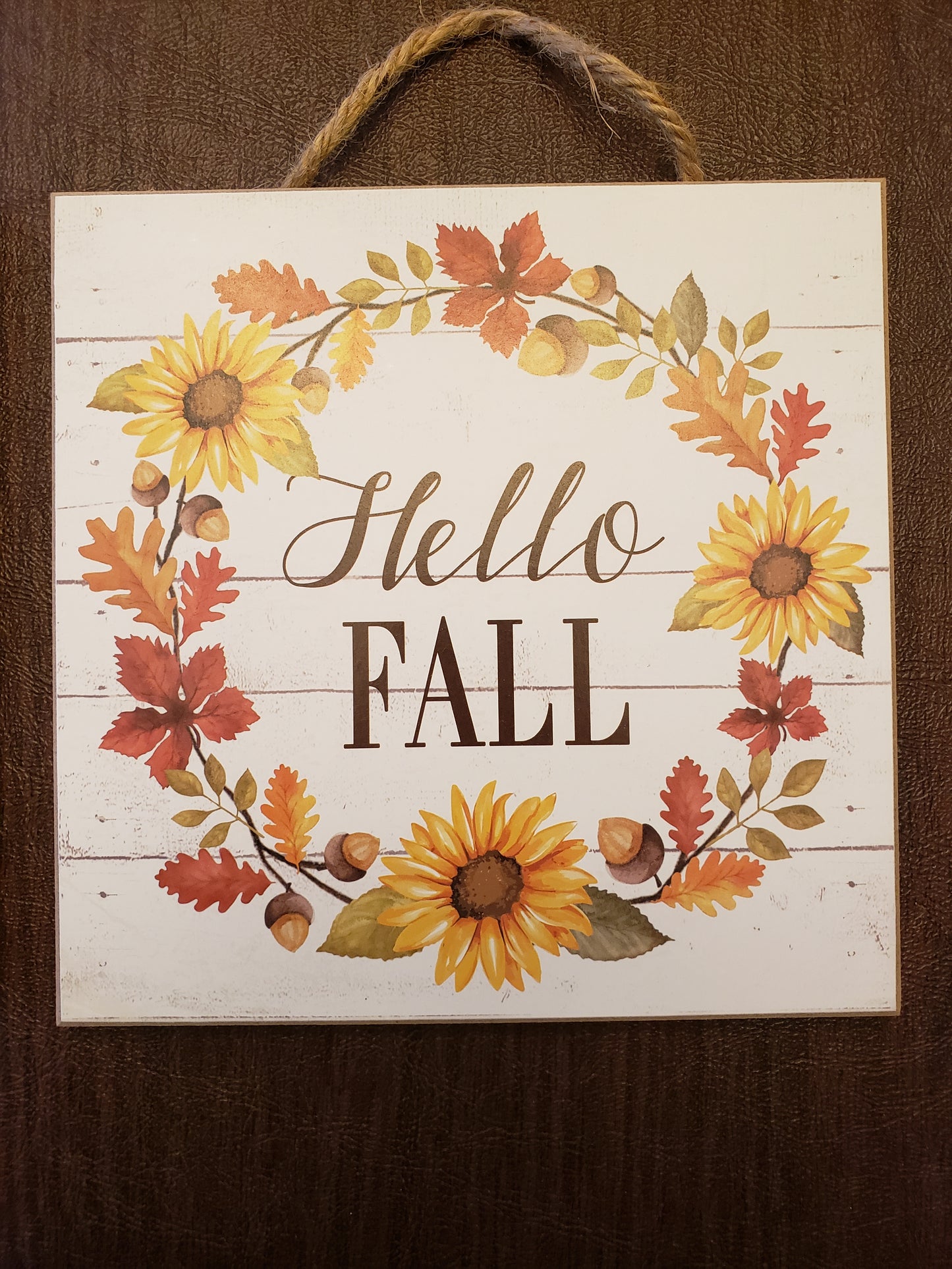 Hanging Wooden Sugn HELLO FALL Leaves & Floral 6 x 6