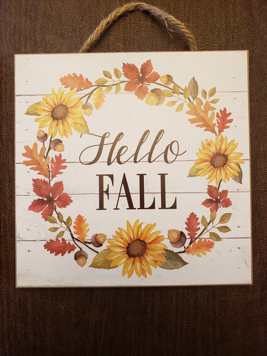 Hanging Wooden Sugn HELLO FALL Leaves & Floral 6 x 6