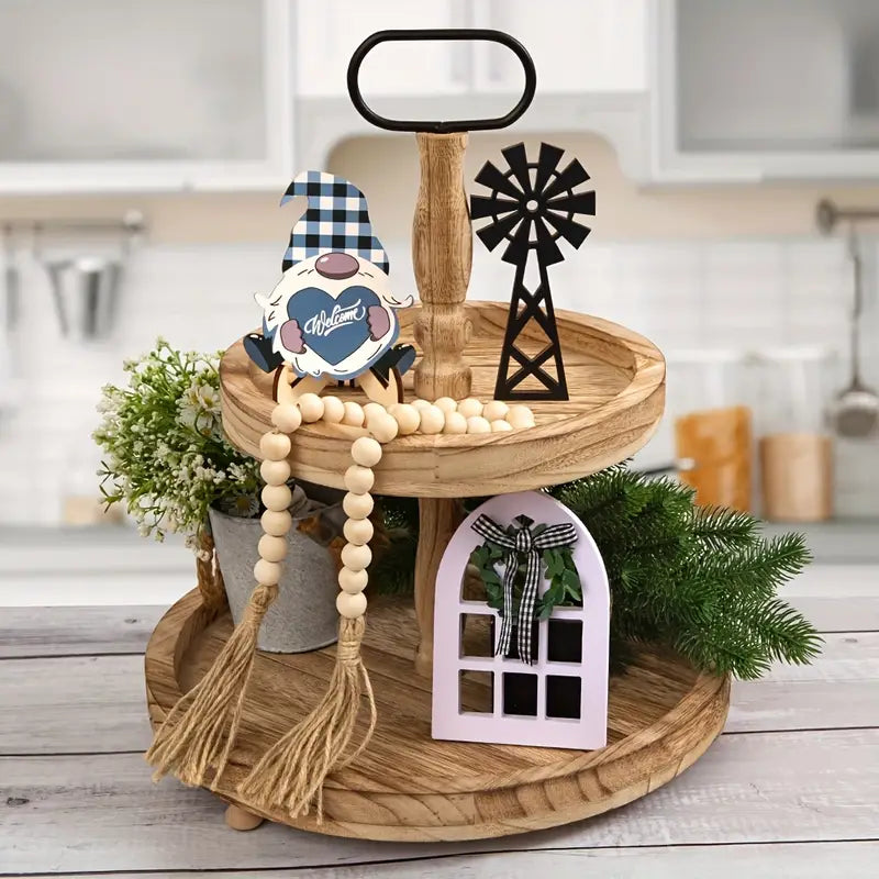 Farmhouse Tiered Tray Tabletop Decor Gnome Windmill