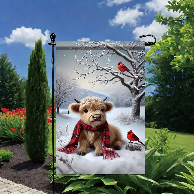 Winter Scene Baby Highland Cow Christmas Garden Lawn Flag Double Sided