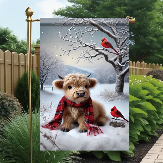 Winter Scene Baby Highland Cow Christmas Garden Lawn Flag Double Sided