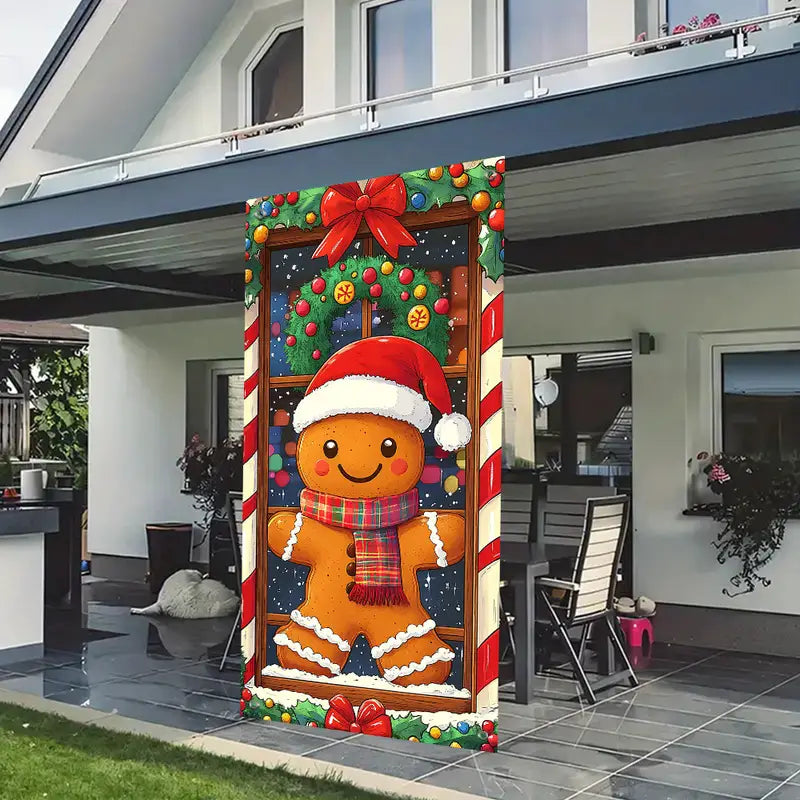 Festive Gingerbread Man Door Cover, Candy Canes, Wreath Durable Polyester