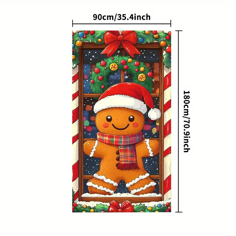 Festive Gingerbread Man Door Cover, Candy Canes, Wreath Durable Polyester