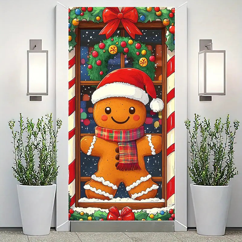 Festive Gingerbread Man Door Cover, Candy Canes, Wreath Durable Polyester