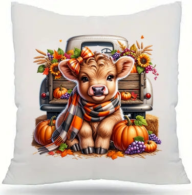 Fall Thanksgiving Highland Cow Farmhouse Throw Pillow Cover