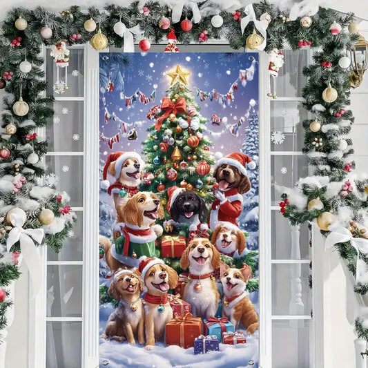 Adorable Festive Dogs and Tree Christmas Door Cover Banner