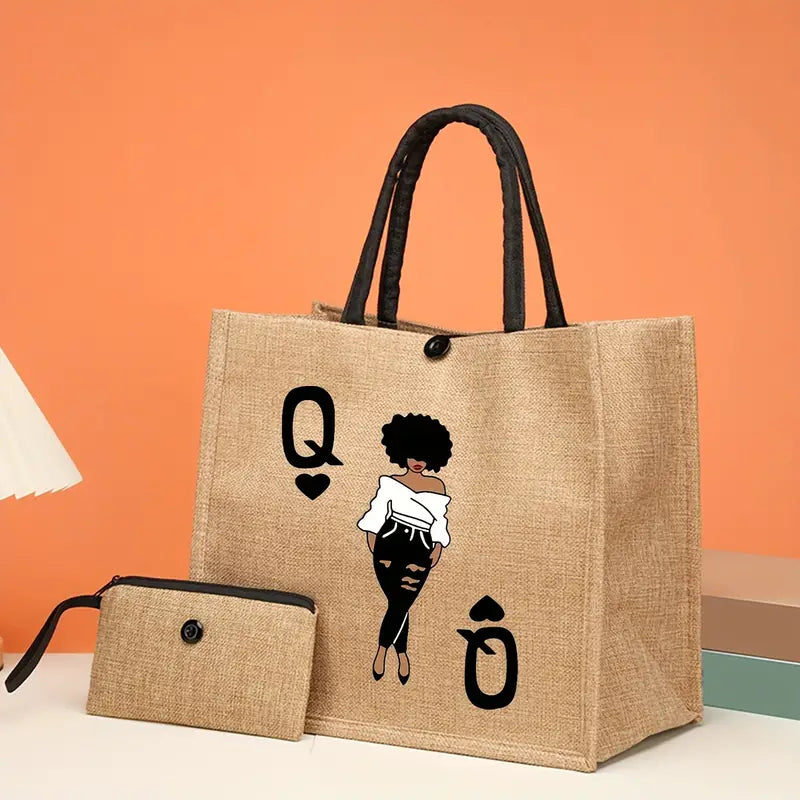 2 Pcs Queen Q Jute Tote Bag Bride With Cosmetic Case Purse