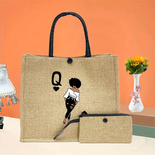 2 Pcs Queen Q Jute Tote Bag Bride With Cosmetic Case Purse