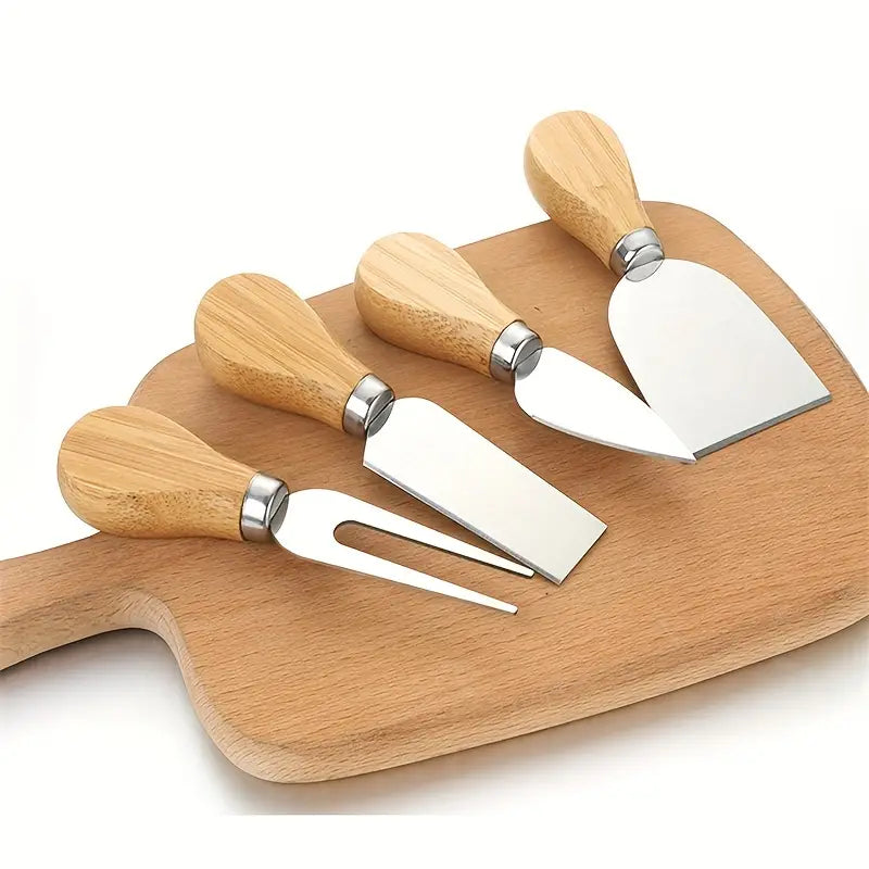 4 Piece Stainless Steel Cheese Knife Set Oak Handles