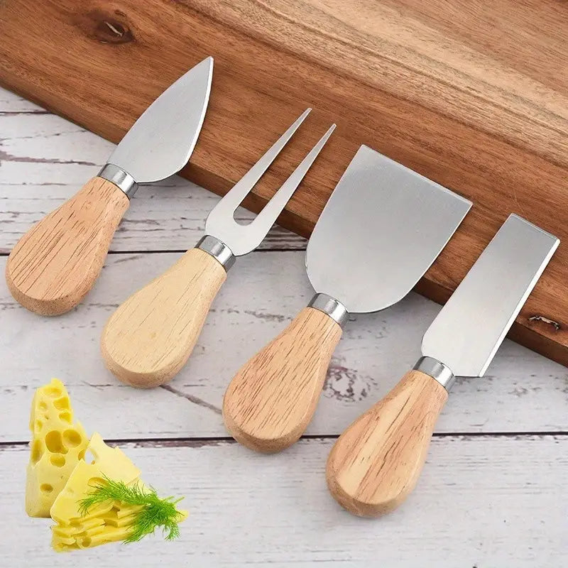 4 Piece Stainless Steel Cheese Knife Set Oak Handles