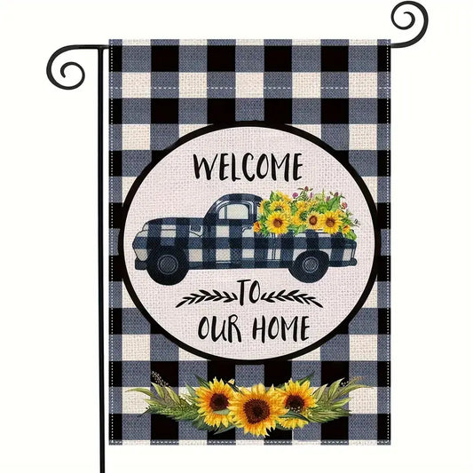 Garden Lawn Flag Blue and White Print Farmhouse Welcome To Our Home