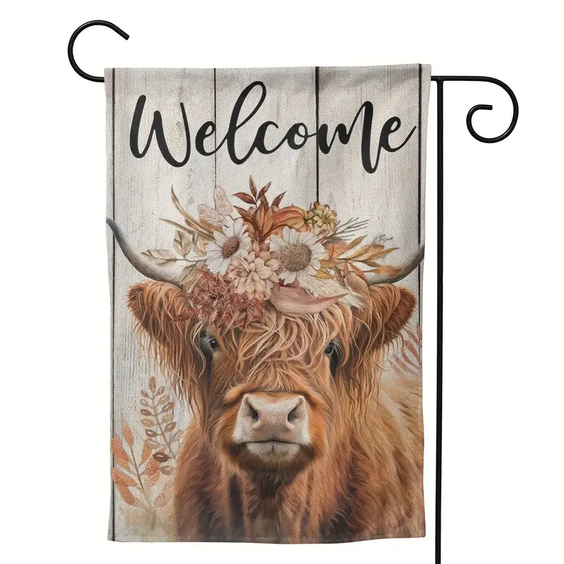 Fall Garden Lawn Flag Hyland Cow Welcome 12 x 18 Double Sided