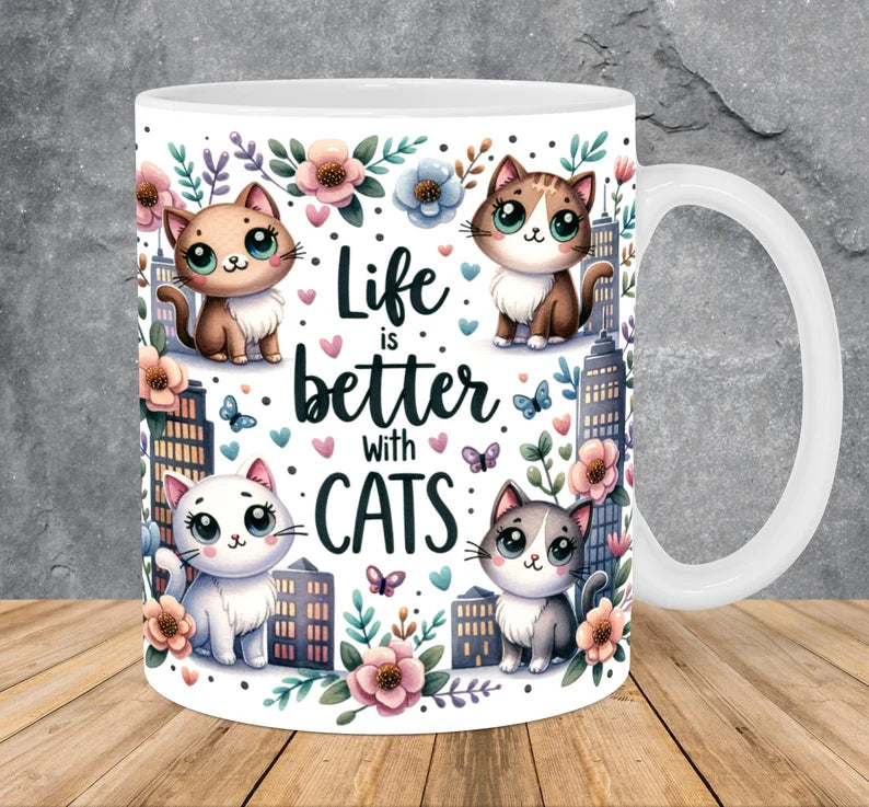 Cat Lover Mug, Life Is Better With Cats 11oz Ceramic