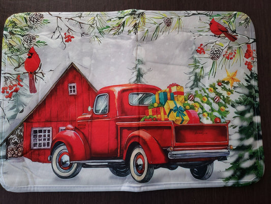 Christmas Red Farm Truck Winter Scene Door Mat Non-Slip