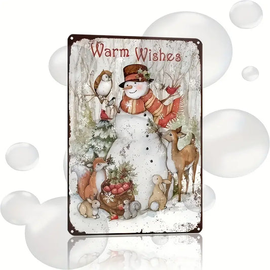 Vintage Style Winter Metal Snowman Hanging Sign, Warm Wishes Christmas