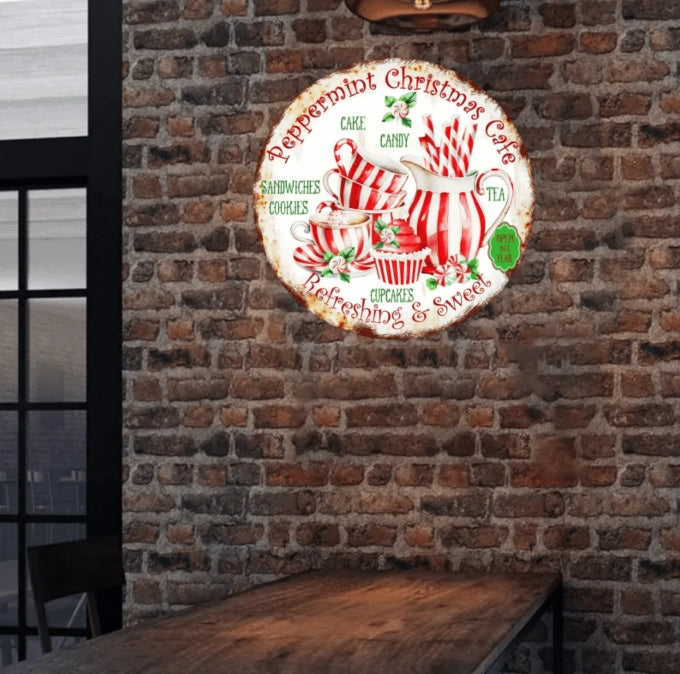 Vintage Style Peppermint Christmas Cafe Metal Hanging Sign 8" Round