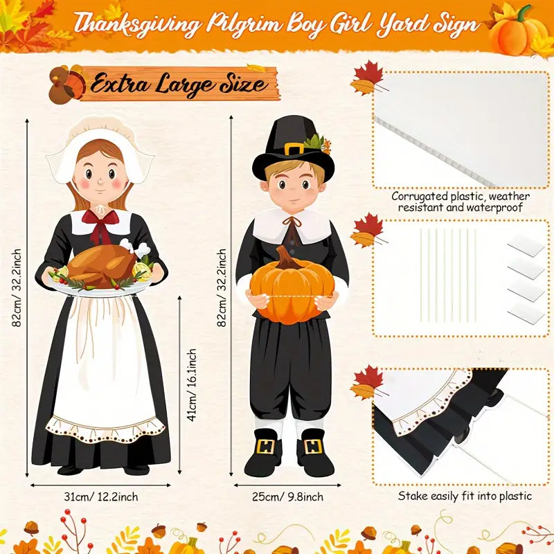 Large Thanksgiving Fall Lawn Signs Pilgram Girl & Boy