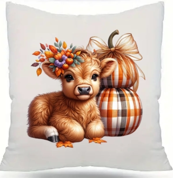 Fall Thanksgiving Highland Cow Farmhouse Throw Pillow Cover