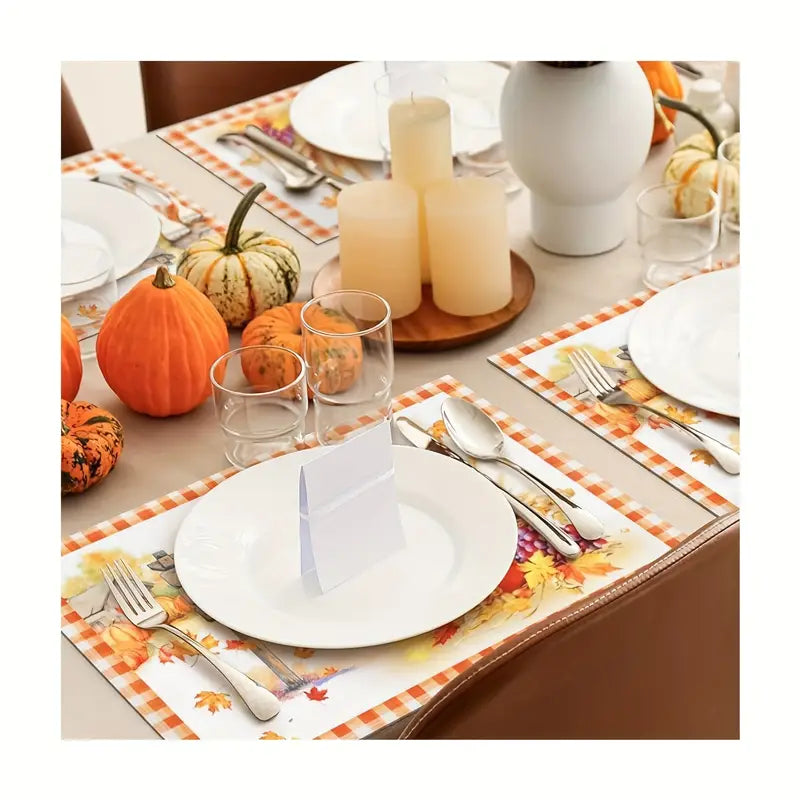 Festive Farmhouse Thanksgiving Placemats Set 4 Give Thanks Buffalo Print Pumpkins