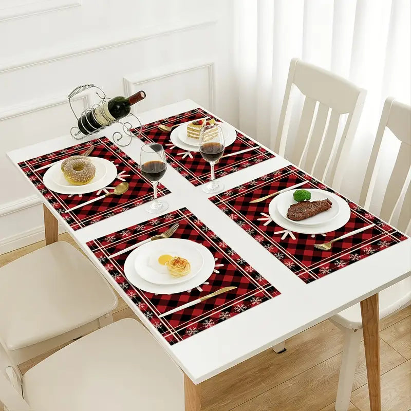 Winter Farmhouse Buffalo Print Snowflake Christmas Placemats Set 4