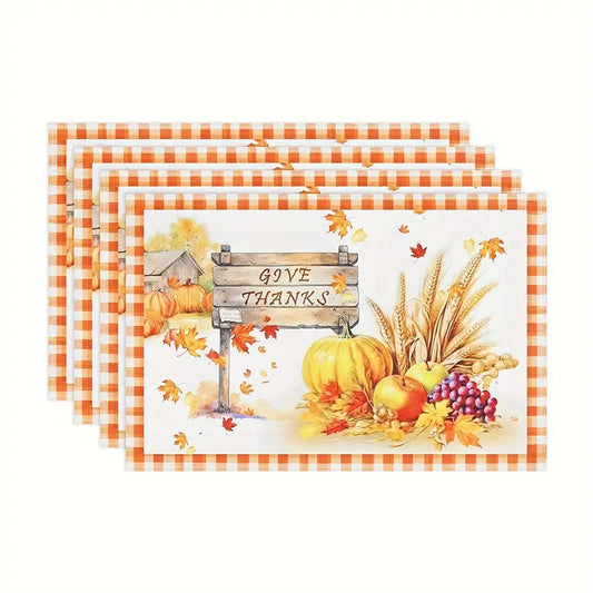 Festive Farmhouse Thanksgiving Placemats Set 4 Give Thanks Buffalo Print Pumpkins