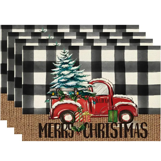 Winter Farmhouse Buffalo Print Farm Truck & Tree Merry Christmas Placemats Set 4