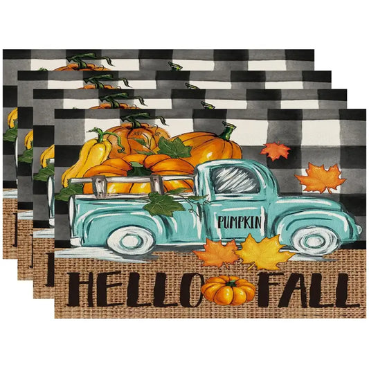 Farmhouse Fall Placemats Buffalo Print Blur Truck Pumpkins Set 4