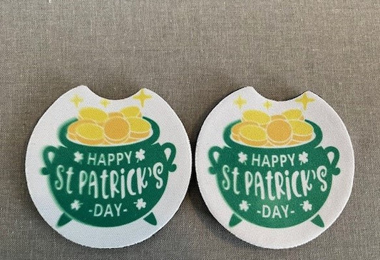 St. Patrick's Lucky Pot Of Gold Car Cup Holder Canisters Green Set 2