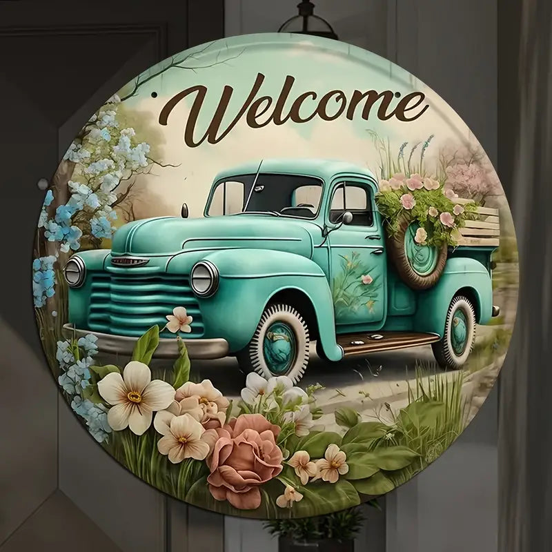 Fall Thanksgiving Hanging Wood Welcome Sign Truck 9.8" Diameter