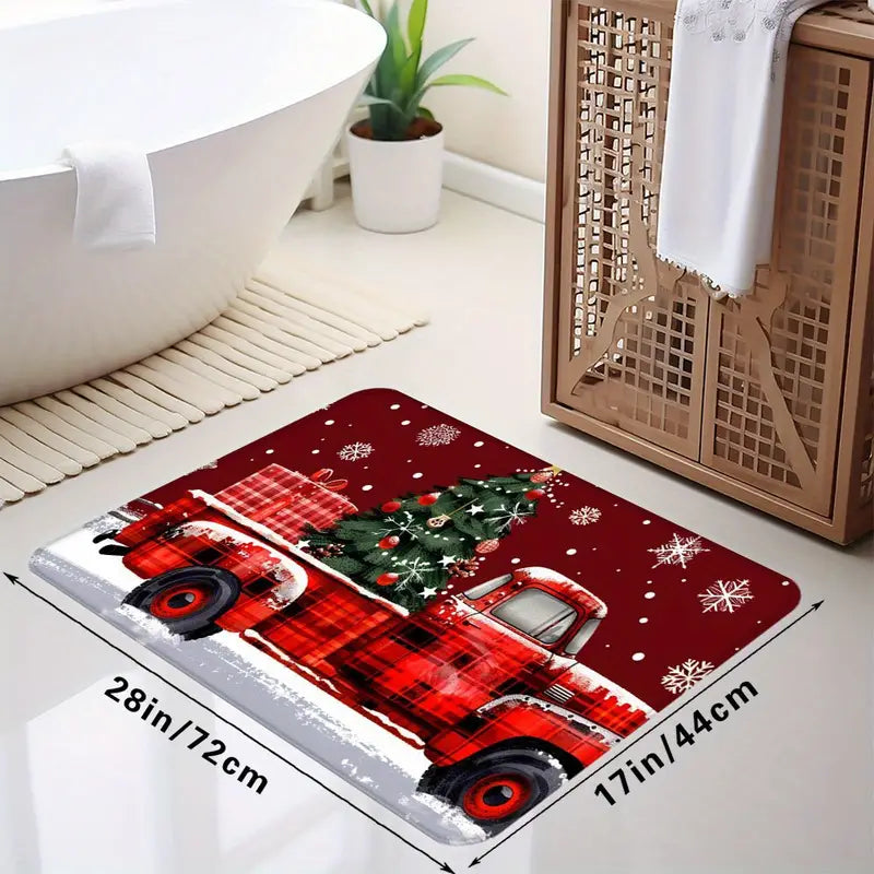 Christmas Red Farm Truck Winter Scene Door Mat