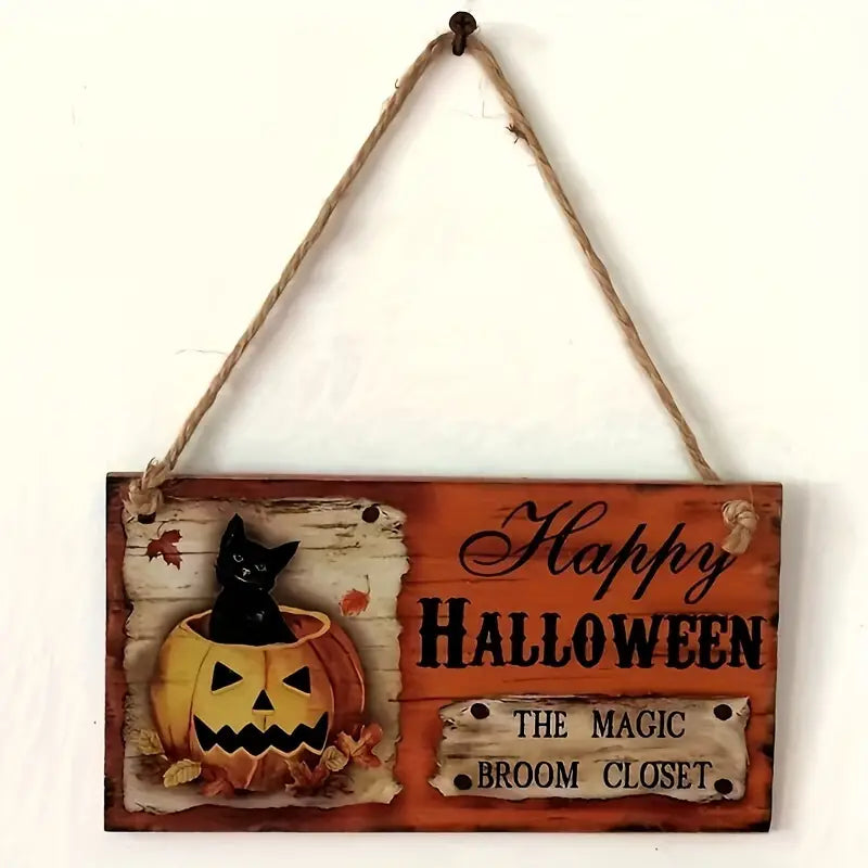 Happy Halloween Hanging Wood Sign The Magic Is In The Closet Pumpkin Black Cat 8" x 4"