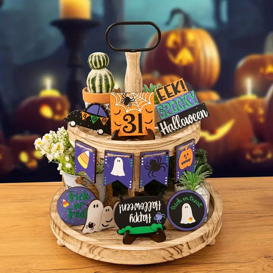 14 PC Rustic Halloween Tiered Tray Decor Ghosts