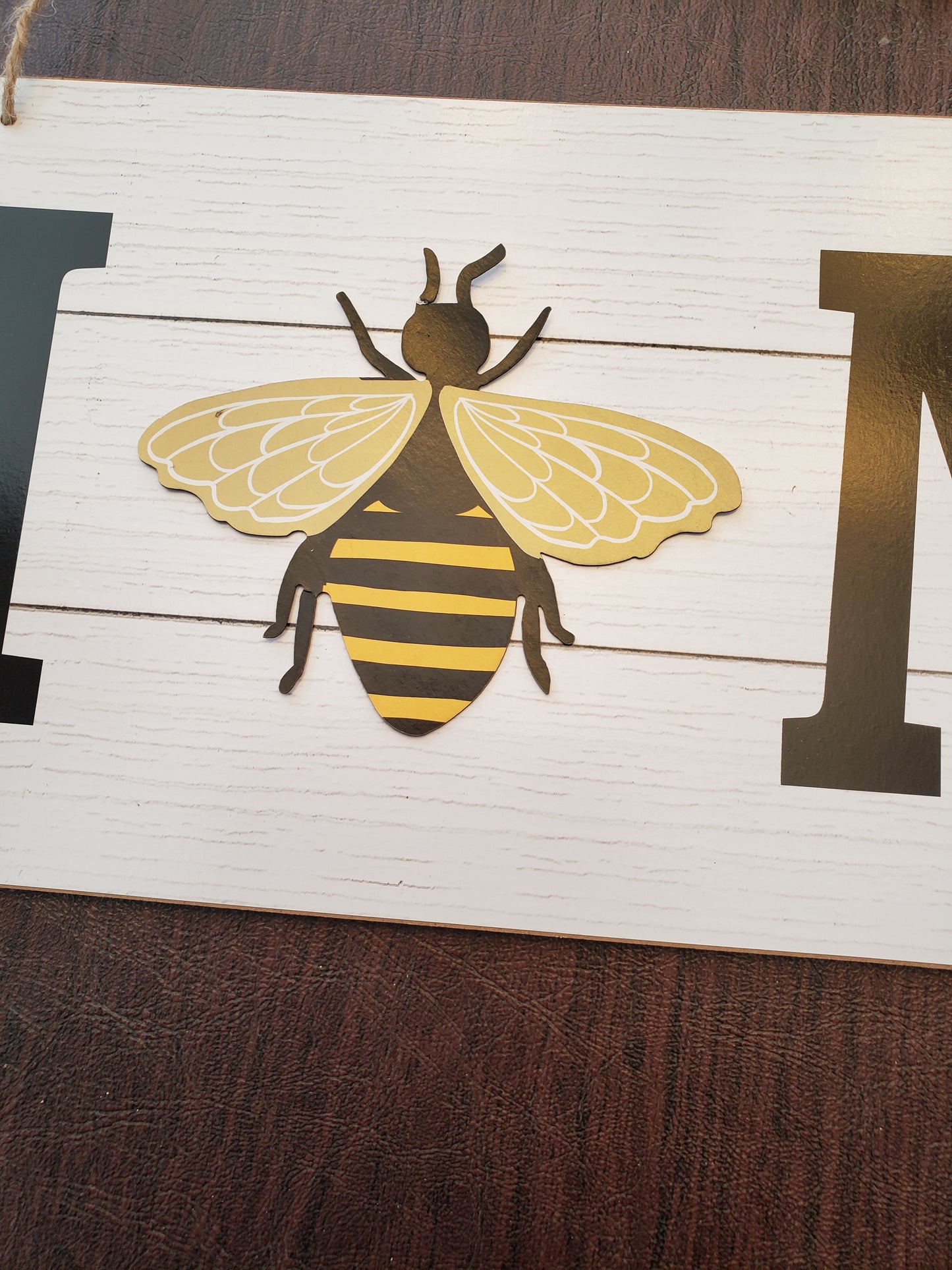 Hanging Door Sign Home with Buffalo Print and Bee