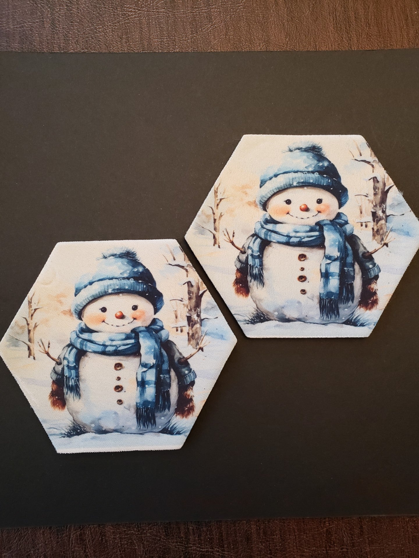 Winter Neoprene Hexagon Snowman Coasters, Set 4, 6, or 8. Set of 8 with holder.