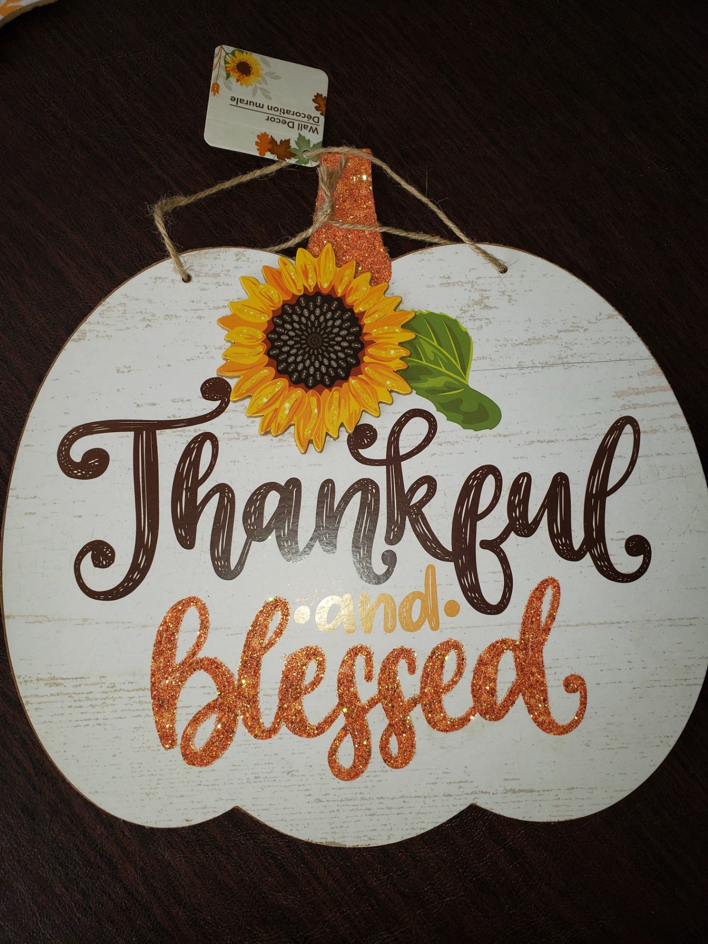 Thanksgiving "Thankful & Blessed" Pumpkin Hanging Door/Wall Sign Glitter Letters