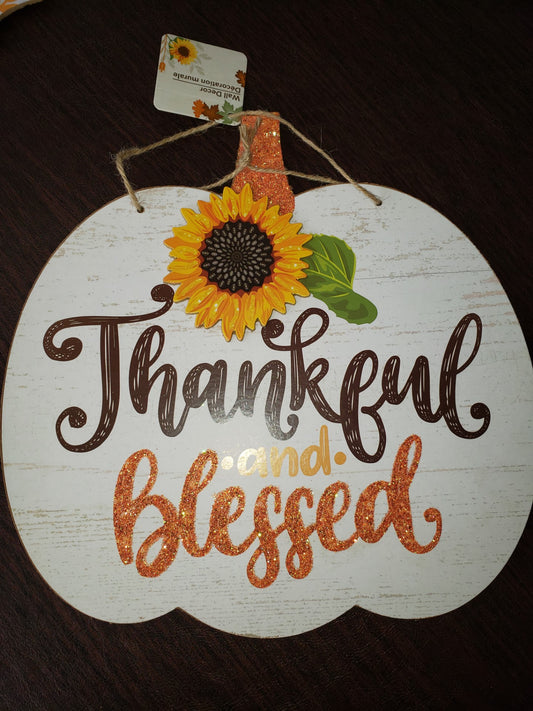 Thanksgiving "Thankful & Blessed" Pumpkin Hanging Door/Wall Sign Glitter Letters