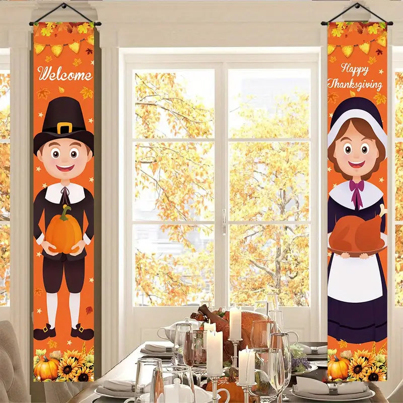 Pair Pilgrim Thanksgiving Door Holiday Decor Sign Banner Set Boy & Girl