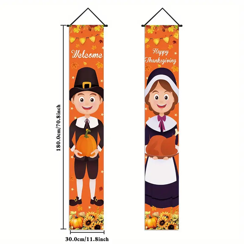 Pair Pilgrim Thanksgiving Door Holiday Decor Sign Banner Set Boy & Girl