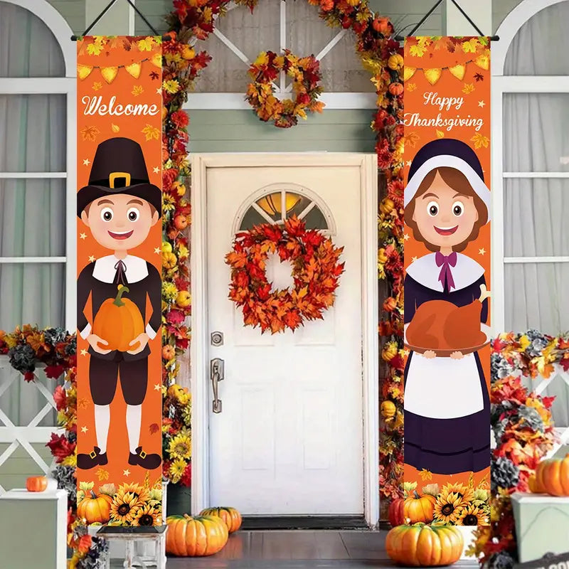 Pair Pilgrim Thanksgiving Door Holiday Decor Sign Banner Set Boy & Girl